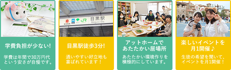 学費負担が少ない!学費は年間で30万円代という安さが自慢です。／目黒駅徒歩1分!　通いやすい好立地も喜ばれています！／アットホームであたたかい居場所　あたたかい環境作りを積極的にしています。／楽しいイベントを月1開催♪　生徒の希望を聞いて、イベントを月1開催！